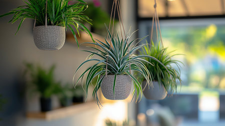 Potted house plants in a pot hanging on the wall in the room.の素材