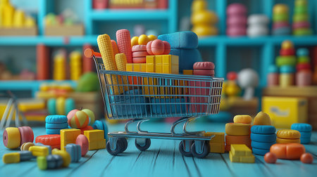 3d illustration of a shopping cart full of toys on a blue backgroundの素材