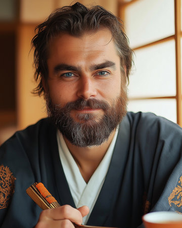 Handsome man with a long beard and mustache in a kimono eats sushi in a Japanese restaurantの素材