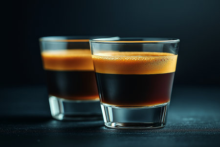 Two glasses of coffee on a dark background. Close-up.の素材