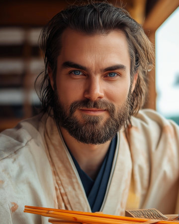 Portrait of a man with a beard in a kimono.の素材