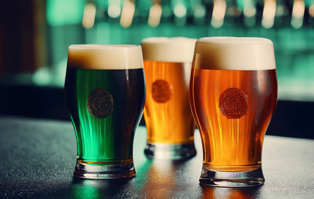 three glasses of beer on the bar. tinting. selective focusの素材