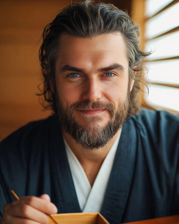 Portrait of a handsome bearded man in a kimono looking at the cameraの素材