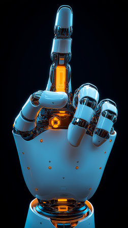 3d rendering robot hand showing middle finger isolated on black background.の素材