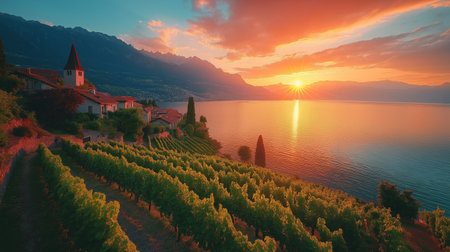 Landscape of Lavaux vineyards at sunset. Lavaux, Switzerlandの素材
