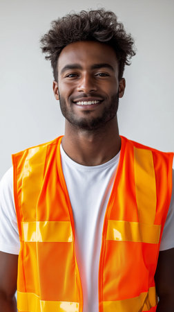 Portrait of happy african american man in reflective vest against white backgroundの素材