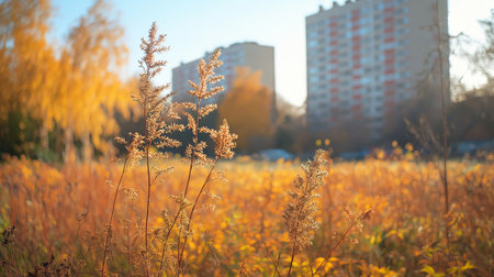Autumn landscape with dry grass and high-rise buildings in the backgroundの素材