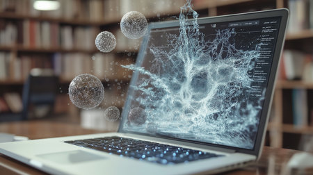 Laptop with flying spheres on screen against library in background 3D renderingの素材