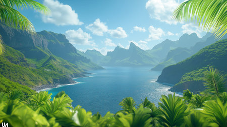 Tropical island with palm trees and sea. 3d renderの素材