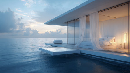 3d rendering of a modern house in the middle of the seaの素材