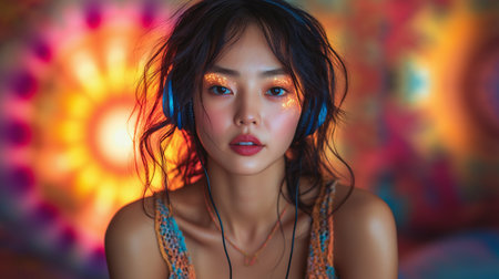 Portrait of beautiful asian girl listening to music with headphones.の素材