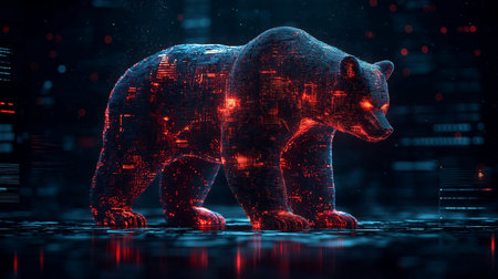 Abstract 3d rendering of a dark blue and red digital bear on a dark backgroundの素材