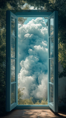 Beautiful view from the window to the sky with clouds and fogの素材