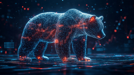 3D rendering of a wireframe bear on a dark background.の素材