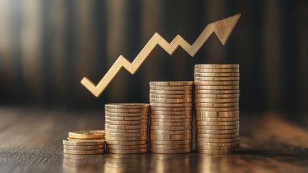 Coins stacks with growing arrow up on wooden background. Financial growth conceptの素材