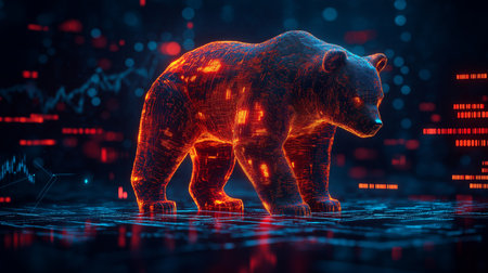 3D rendering of a glowing bear on a dark background. The concept of cyberpunk.の素材