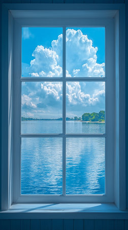 view from the window to the lake and blue sky with white cloudsの素材