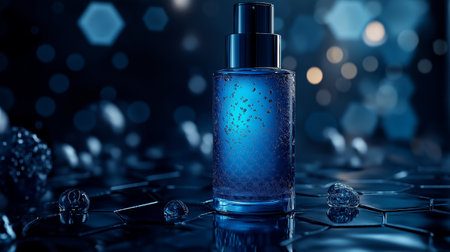 Perfume bottle on blue background with bokeh. 3d illustrationの素材
