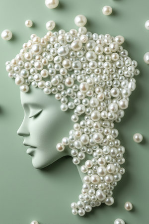 Female face with pearls on green background. Flat lay, top viewの素材