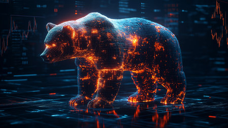 3D rendering of a bear on a blue background with a binary codeの素材