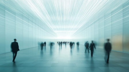 Business people walking in a corridor with light rays coming from the endの素材