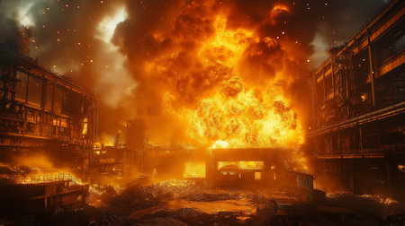 Burning industrial building. Fire and smoke in the city. 3D renderingの素材