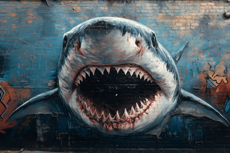 Great white shark in a graffiti wall. 3D Rendering.の素材
