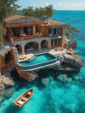 Aerial view of luxury villa with swimming pool and wooden boat.の素材