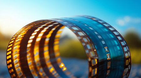 3d render of film strip with shallow depth of field and blurred backgroundの素材