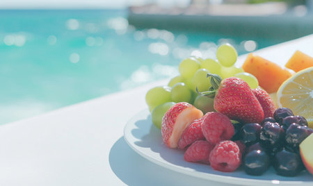 Fruit on a white plate on the background of the swimming pool.の素材