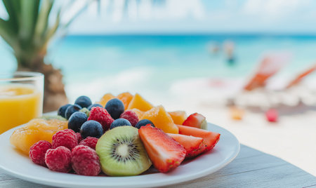 Fruit salad in a white plate on a white wooden table on a tropical beachの素材