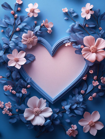 Flowers and heart shaped gift box on blue background, top viewの素材