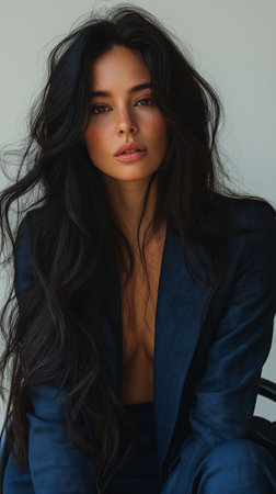 fashion outdoor photo of beautiful sexy woman with dark hair in elegant clothes posing in studioの素材