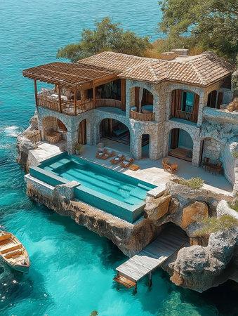 Aerial view of luxury villa with swimming pool in luxury resortの素材