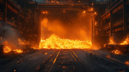 Burning steel structure in the middle of the metallurgical plantの素材