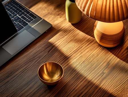 Laptop and table lamp on wooden table. 3D rendering.の素材