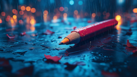Pencil in the rain. Red pencil on a dark background.の素材