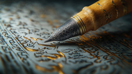 Old fountain pen lying on the ancient book. Shallow depth of fieldの素材