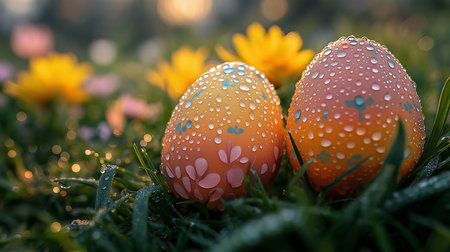 Colorful easter eggs on green grass with water drops in the morningの素材