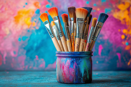 Paint brushes in a jar on a colorful background. Selective focus.の素材
