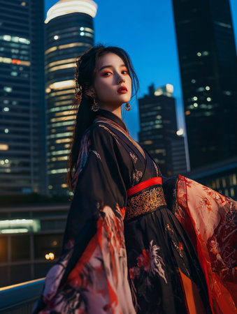 Beautiful asian woman wearing kimono in the city at nightの素材