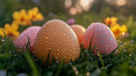 Easter eggs in the grass with water drops. Easter background.の素材