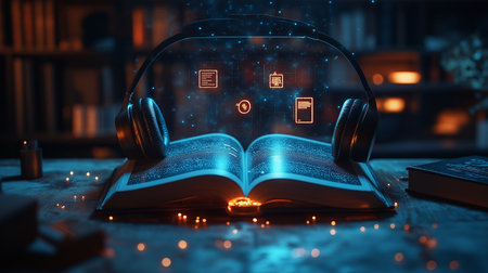 Open book with headphones on the table. Education concept. 3d renderingの素材