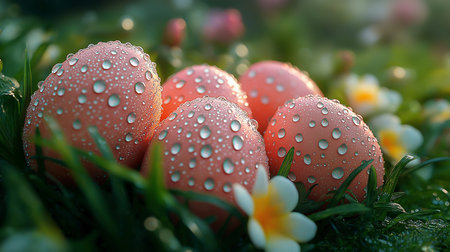 Colorful easter eggs with dew drops on green grass.の素材