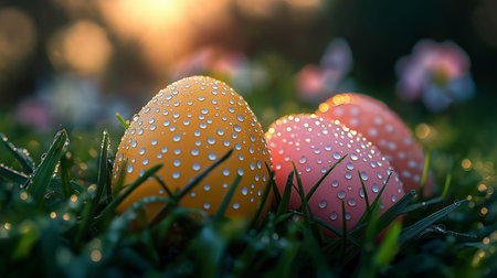 Colorful easter eggs in the grass with bokeh backgroundの素材