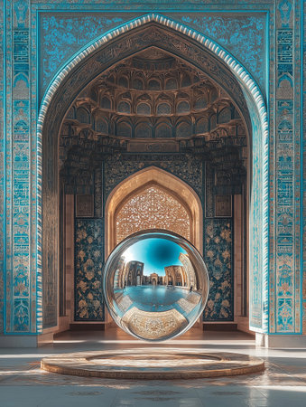 3d rendering of a crystal ball inside a mosque with a view of the city in the backgroundの素材
