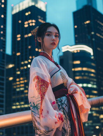 Beautiful asian woman wearing kimono with cityscape backgroundの素材