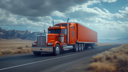 Big orange truck on the road in the desert. 3d renderingの素材