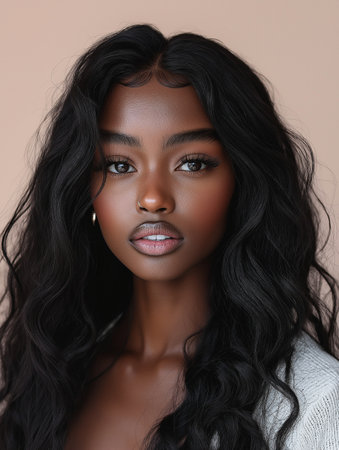 Beautiful young african american woman with long curly hair.の素材