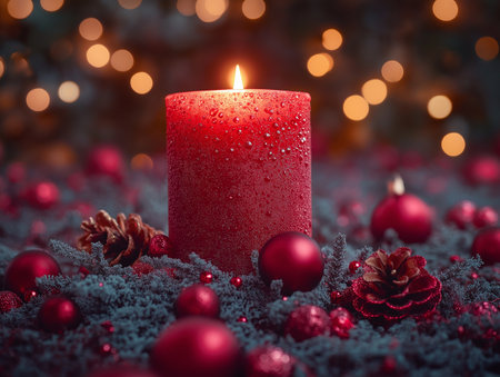 Red candle and christmas decoration on snow with bokeh backgroundの素材